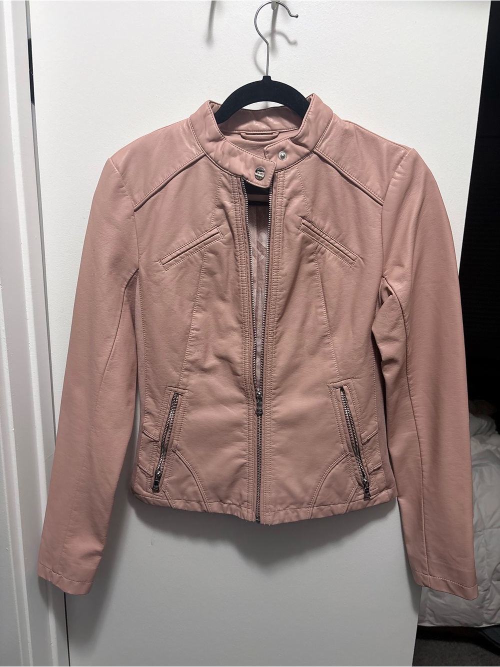 Guess Women's Dusty Rose Faux Leather Moto Jacket